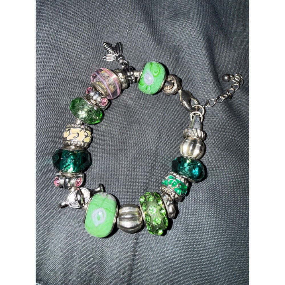Green Pink Murano Glass Bead Charm Bracelet Silver Tone Bee European Style